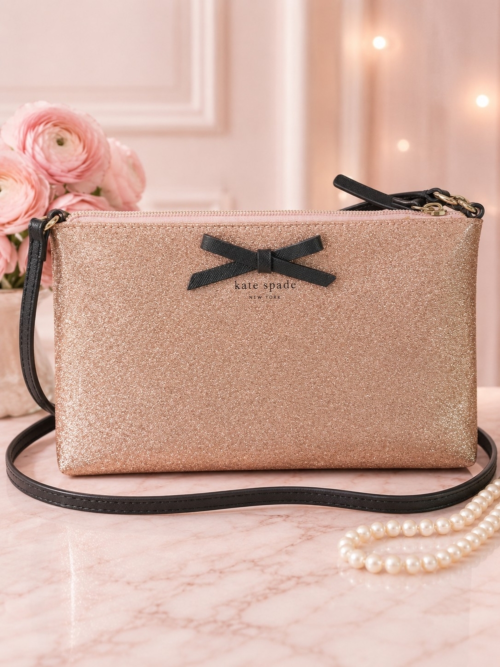 Kate Spade Mavis Street Amy Rose Gold Glitter Crossbody
